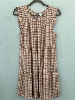 Old Navy Petite M Linen Blend Plaid Tiered Mini Dress Rust Cream Cottagecore